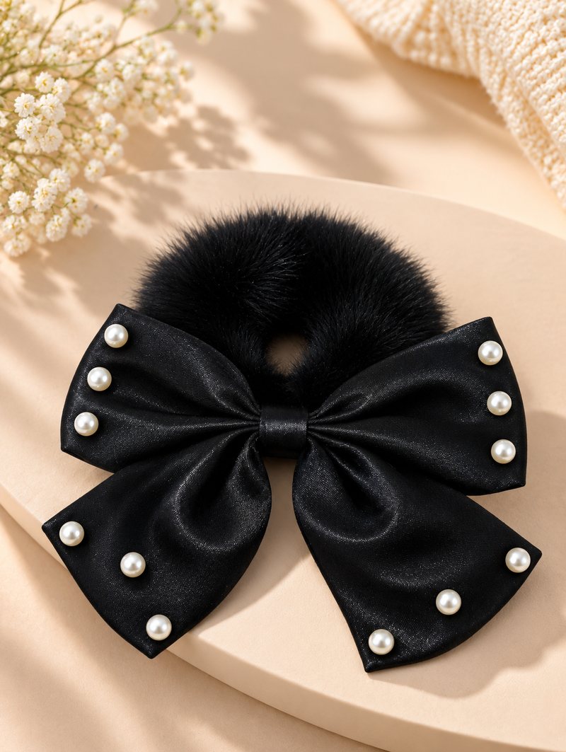 Fluffy Pearl Bow Scrunchie