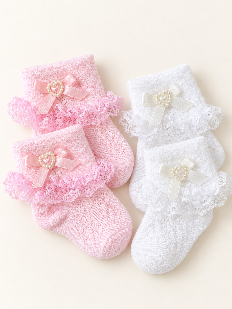 Bow & Pearl Heart 2 Pair Baby Socks