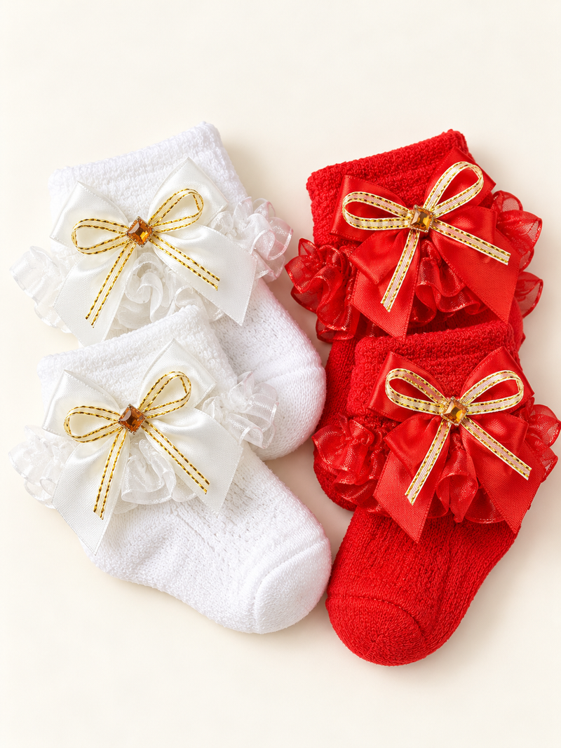Bow & Gold Trim Lace 2 Pair Baby Socks