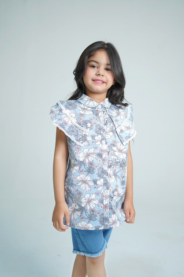 Floral Elegance Blue Printed Shirt & Denim Short