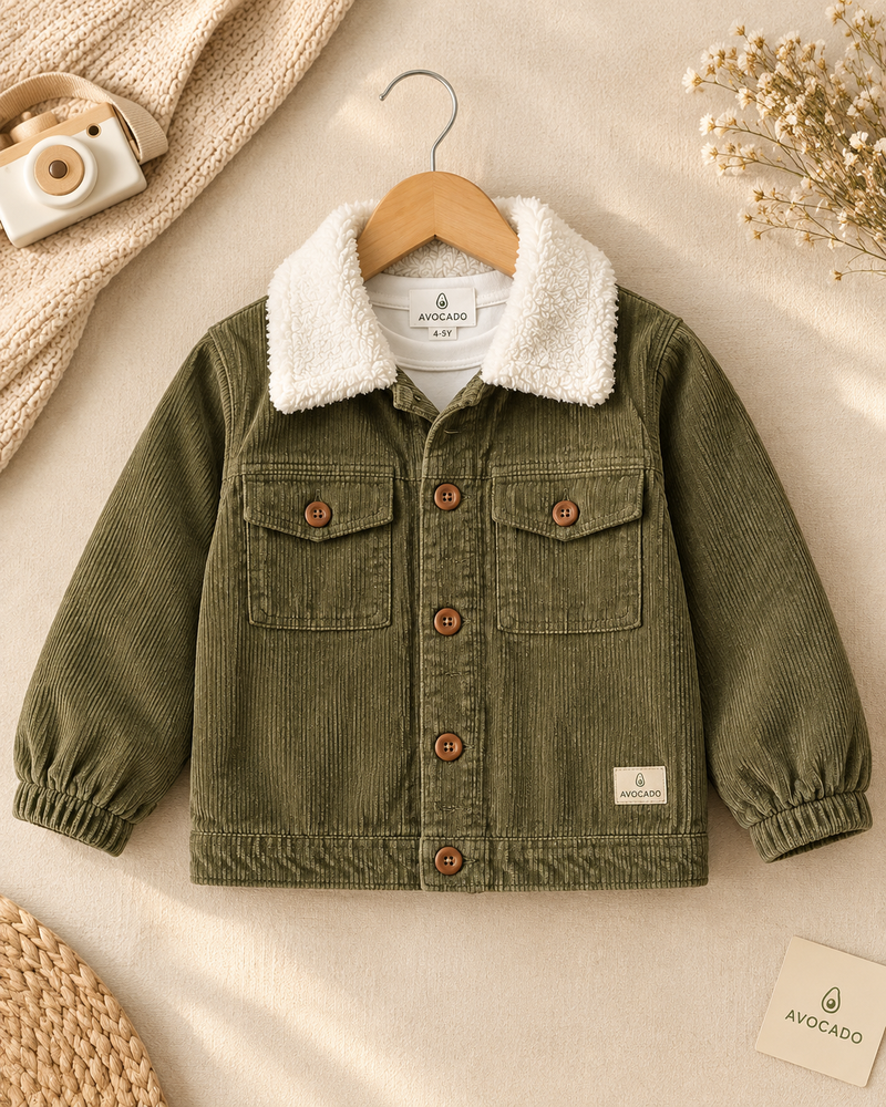 Sherpa Trim Corduroy Shacket Trim Olive Green