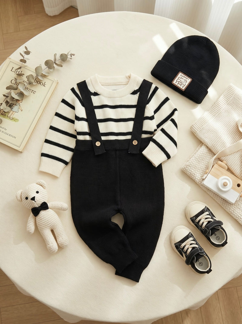 Black Stripe Bear Cap & Suspender 3 Piece Woolen Set