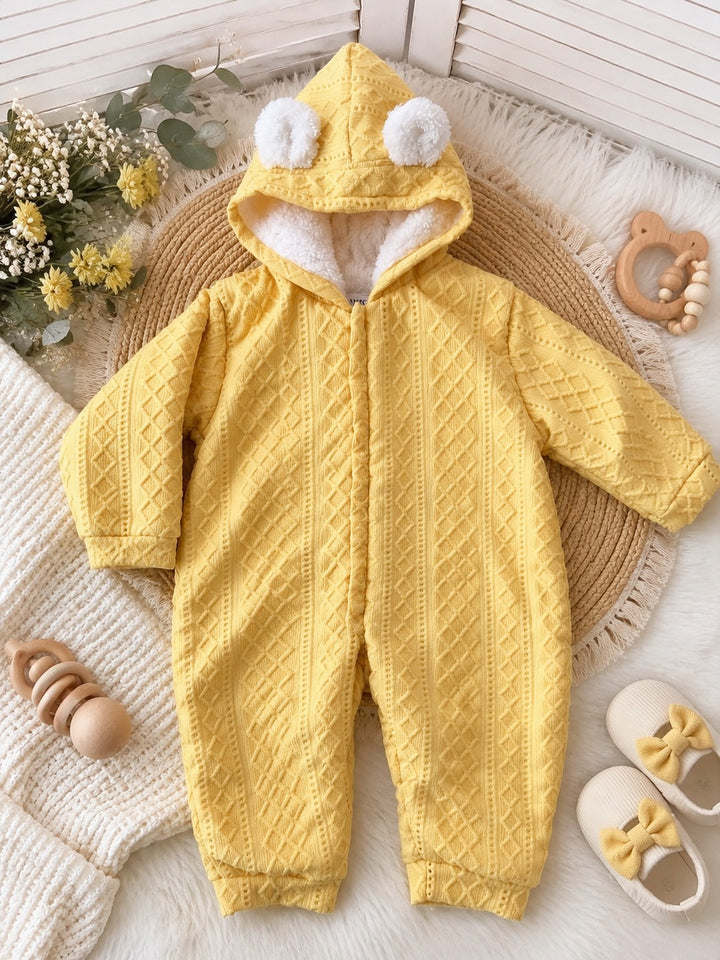 Yellow Textured Fur Hooded Romper