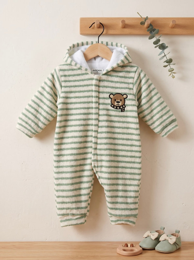 Premium Sage Green Teddy Bear Grip Fleece Romper