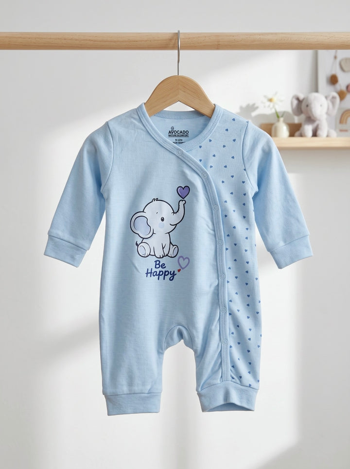 Baby Blue Be Happy Elephant Heart Print Romper