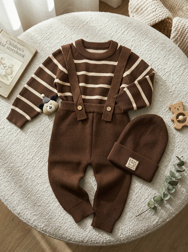 Dark Brown Stripe Bear Cap & Suspender 3 Piece Woolen Set