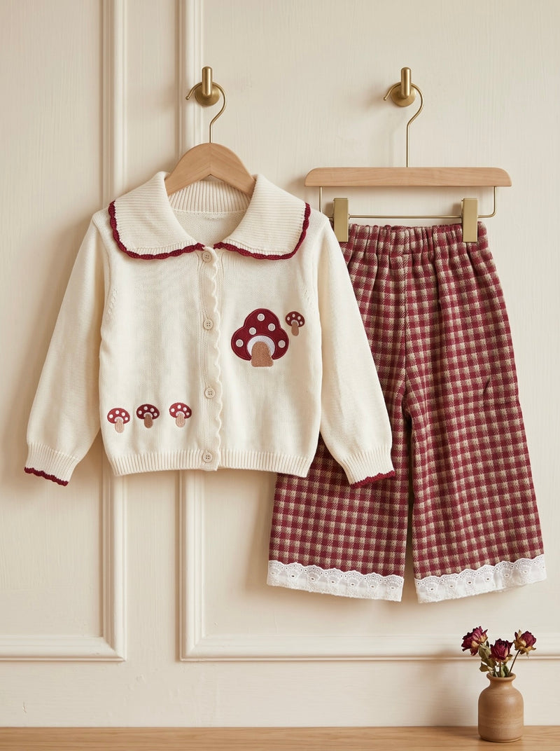 Ivory Mushroom Woolen Cardigan & Checkered Trouser