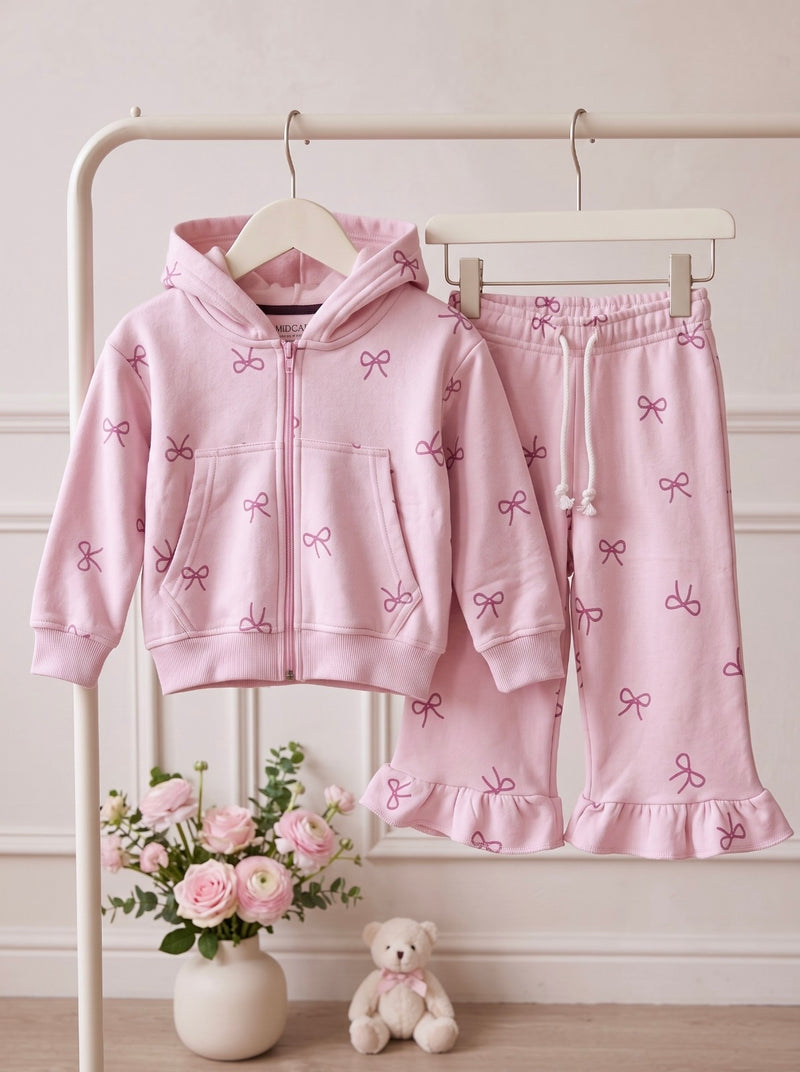 Baby Pink Bow Fleece Hooded & Ruffle Trouser
