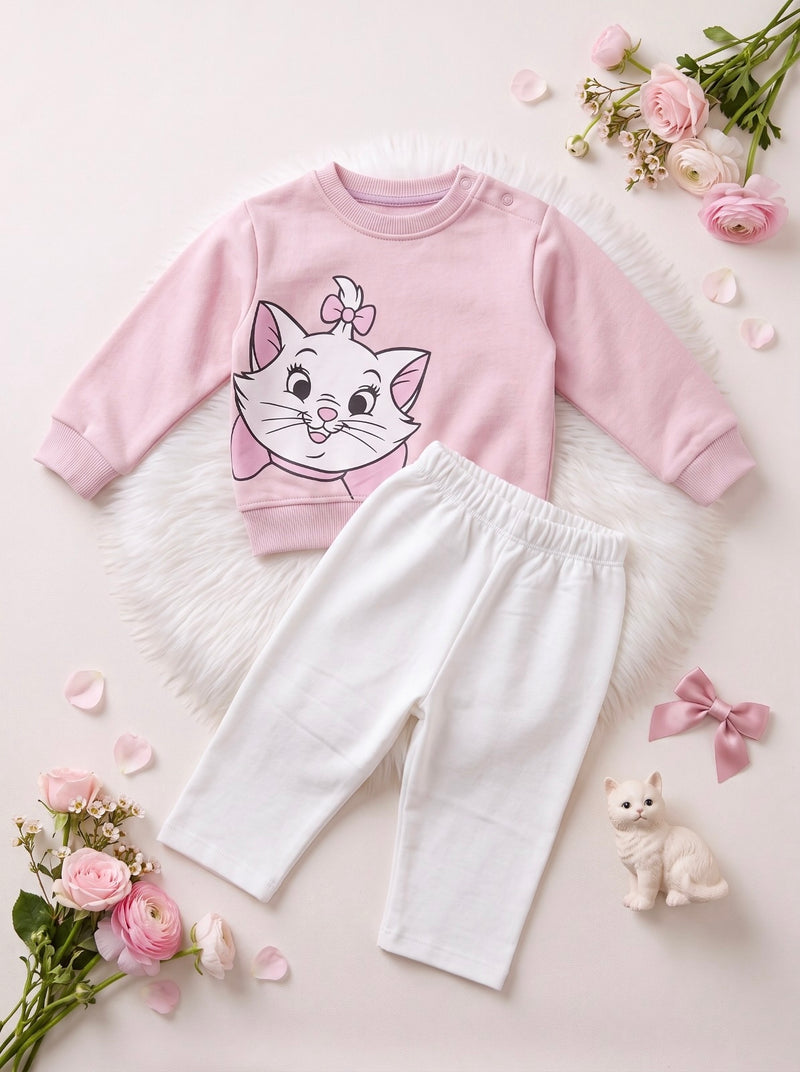 Baby Pink Cat Print fleece Sweatshirt & White Trouser