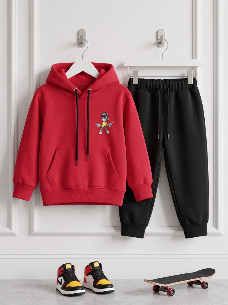 Red Cartoon Print Fleece Hoodie & Black Trouser