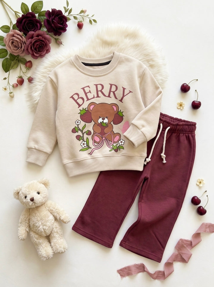 Ivory Berry Bear Print Sweatshirt & Burgundy Fleece Trouser