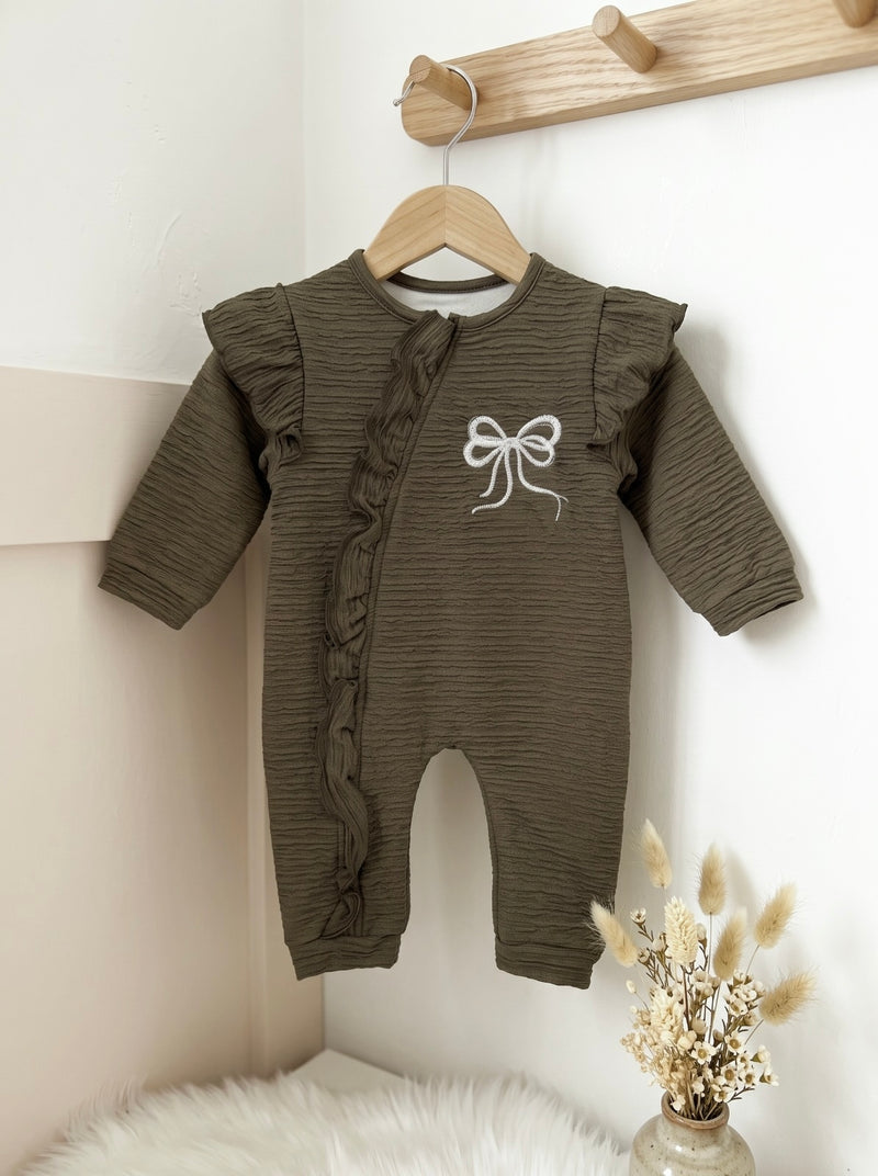 Textured Fleece Khaki Moss Ruffle Bow Romper