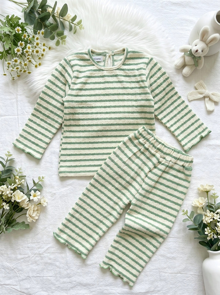 Premium Sage Green Stripe Ruffle Shirt & Trouser