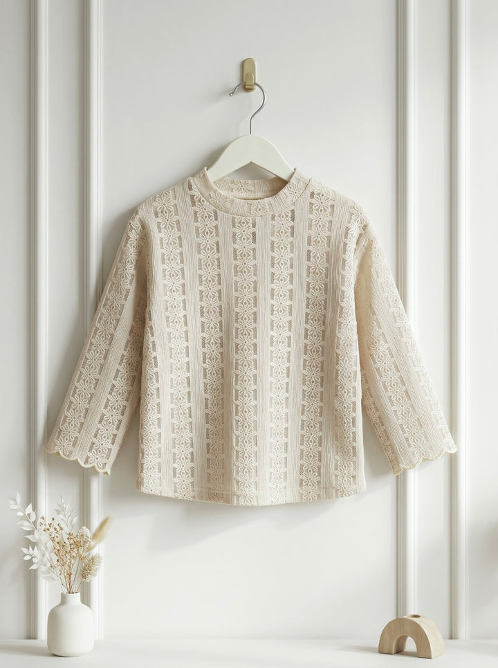 Light Cream Beige Floral Lace Panel Full Sleeve Top