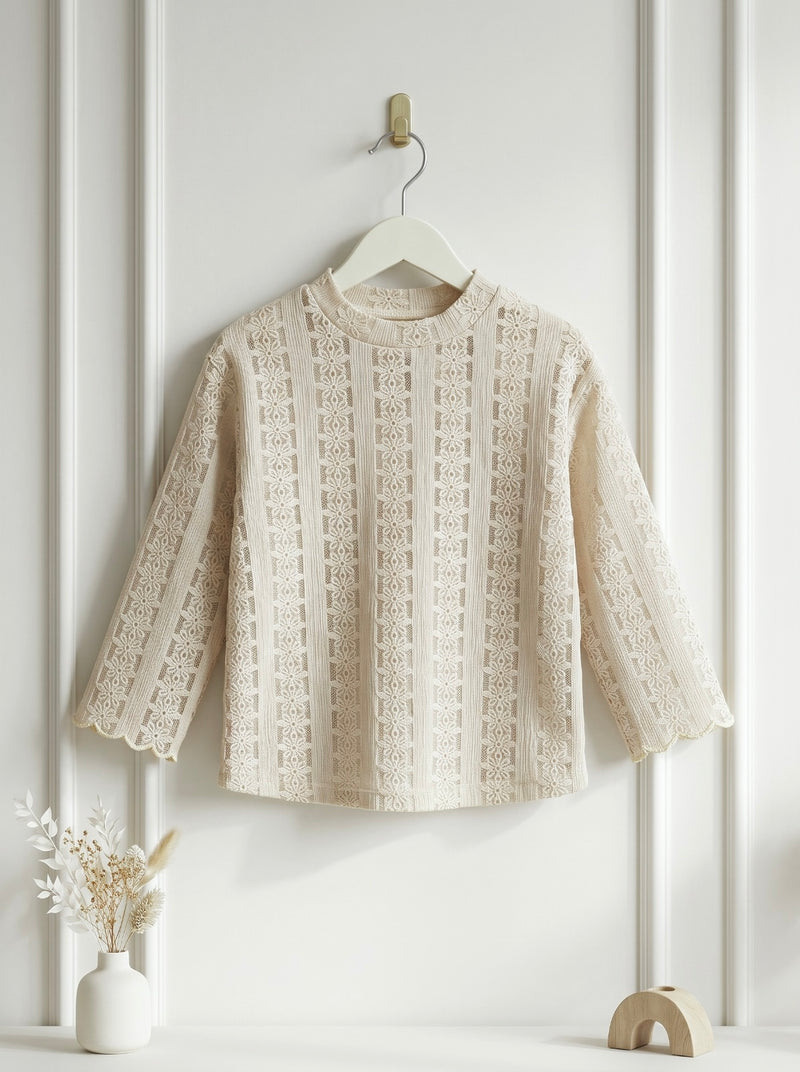 Light Cream Beige Floral Lace Panel Full Sleeve Top