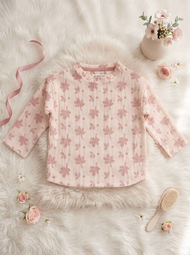 Warm Ivory Pink Leaf Print Textured Full Sleeve Top