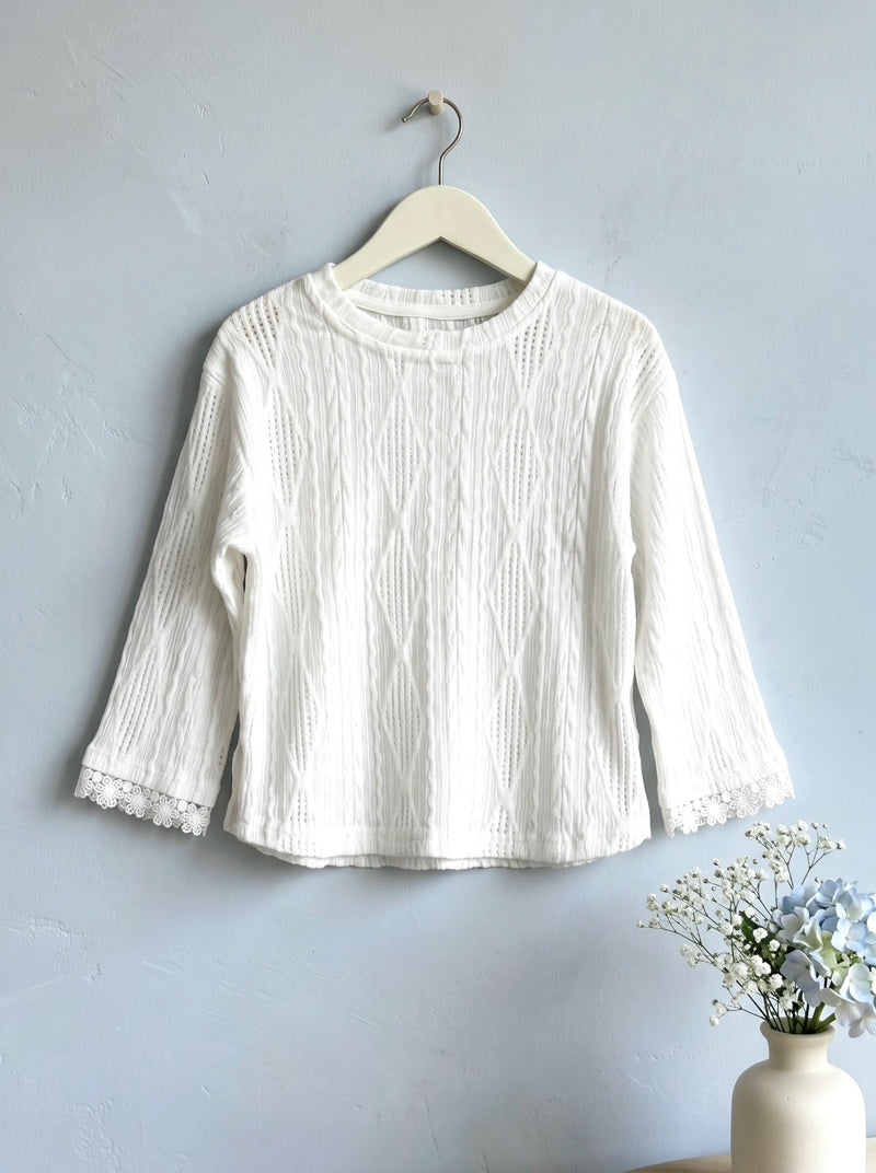 White Textured Full Sleeve Lace Cuff Top