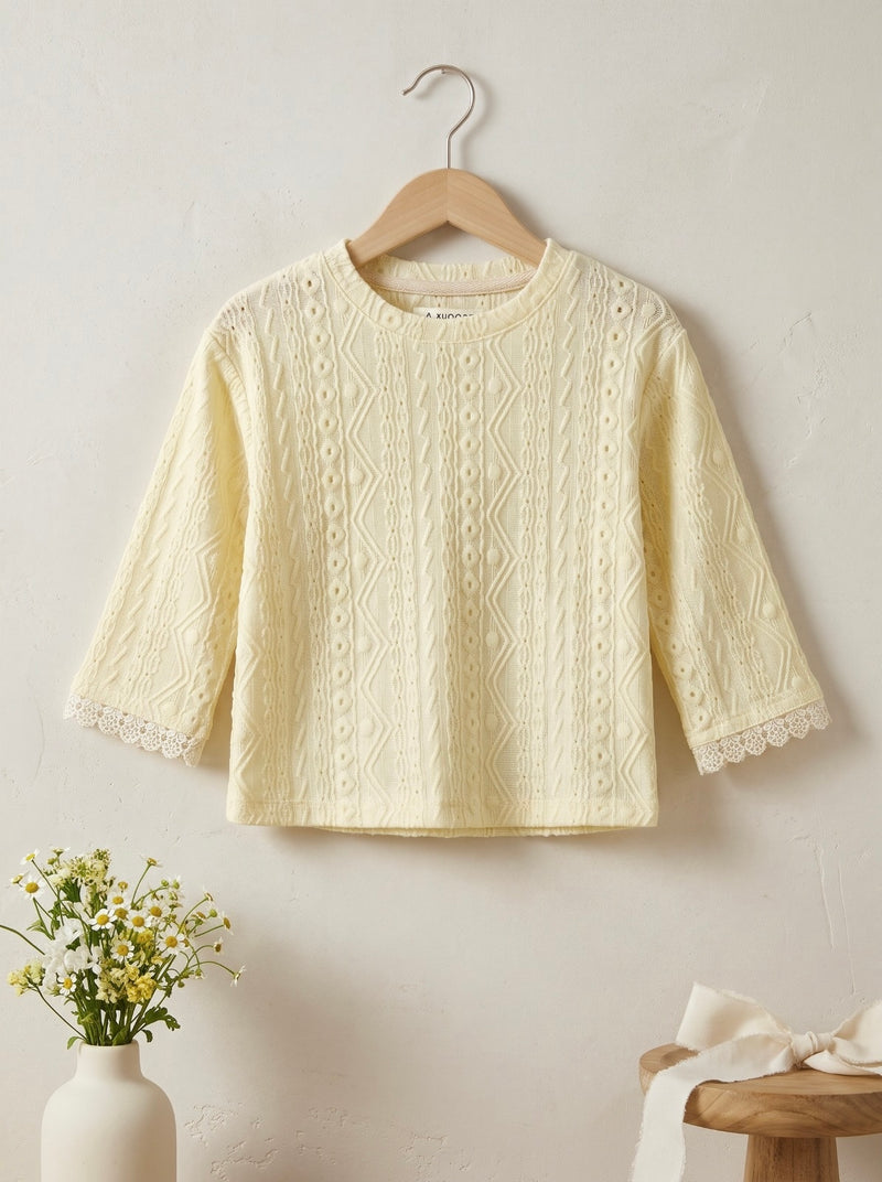 Pale Yellow Textured Full Sleeve Lace Cuff Top