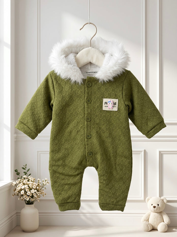 Olive Green Signature Button Front Fur Hooded Romper