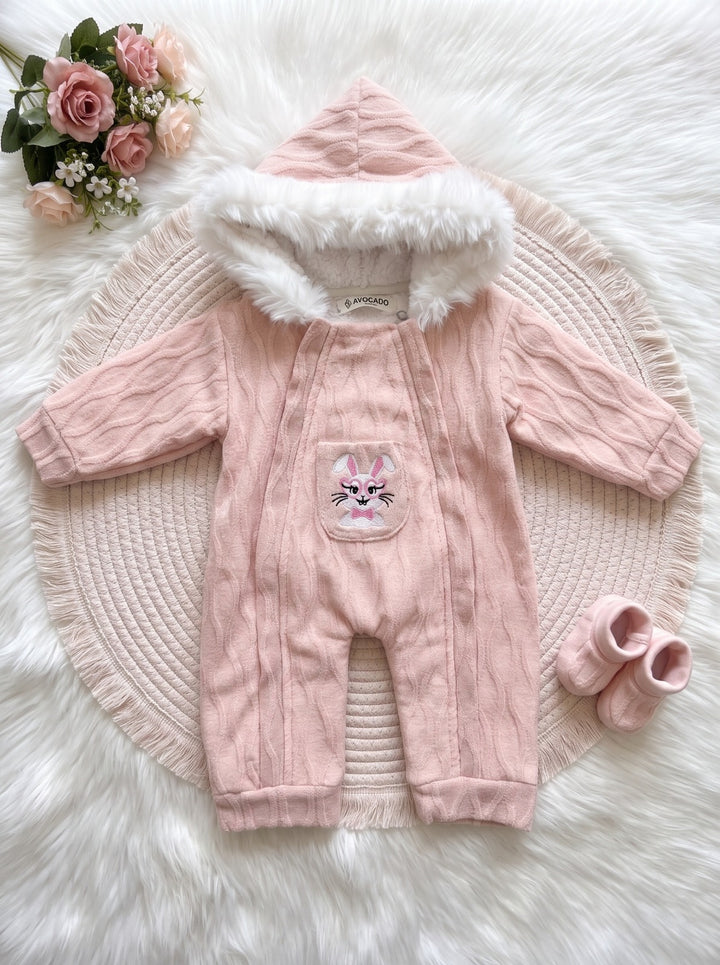 Pink Bunny Embroidered Hooded Fur Romper