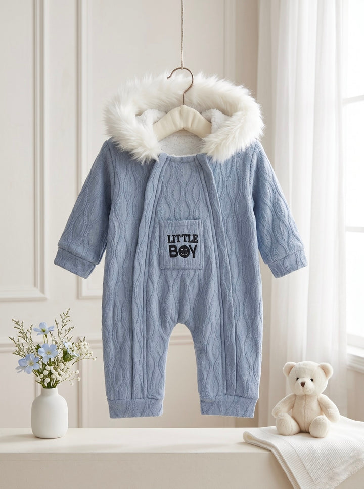 Little Boy Embroidered Hooded Fur Romper