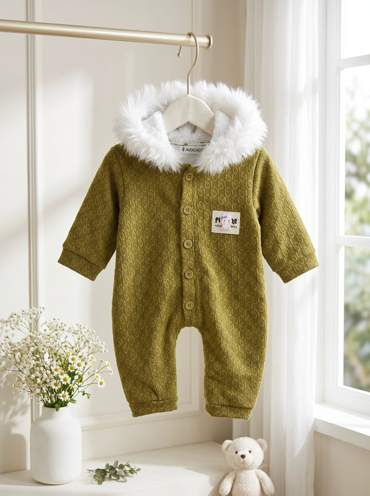 Mustard Olive Signature Button Front Fur Hooded Romper