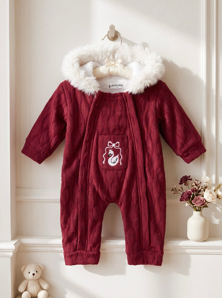 Cherry Red Swan Embroidered Hooded Fur Romper
