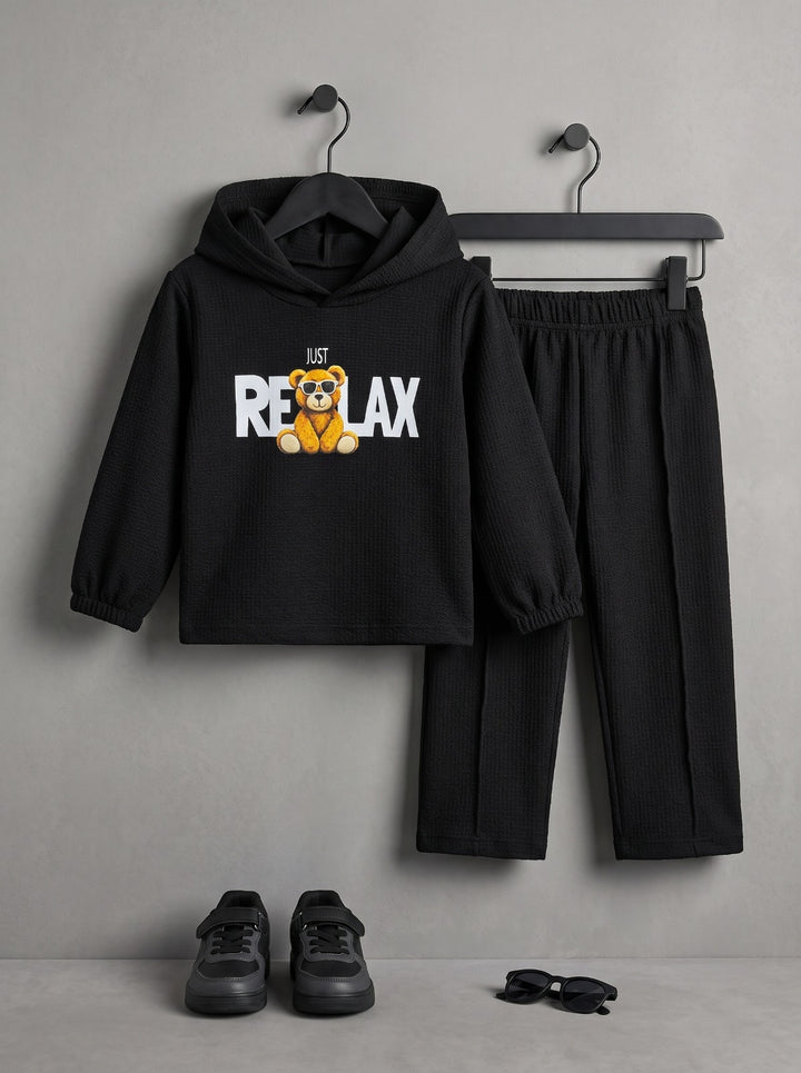 Black Just Relax Bear Textured Hoodie & Trouser