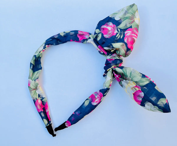 Navy Floral Bow Tie Hairband