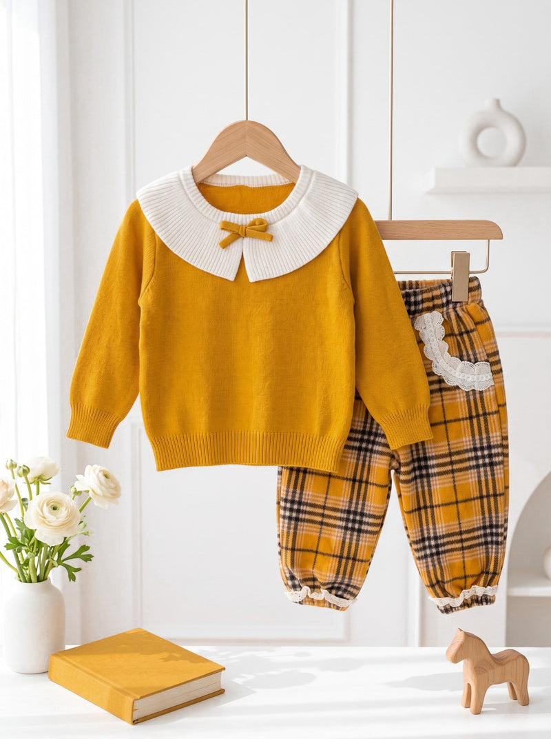 Sweet Bow Collar Woolen Premium Sweater & Plaid Trouser