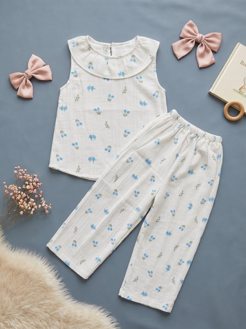 Sky Bloom Sleeveless Shirt & Trouser