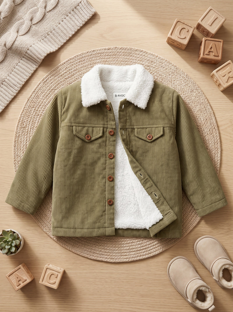 Sherpa Trim Corduroy Shacket Trim Olive Green