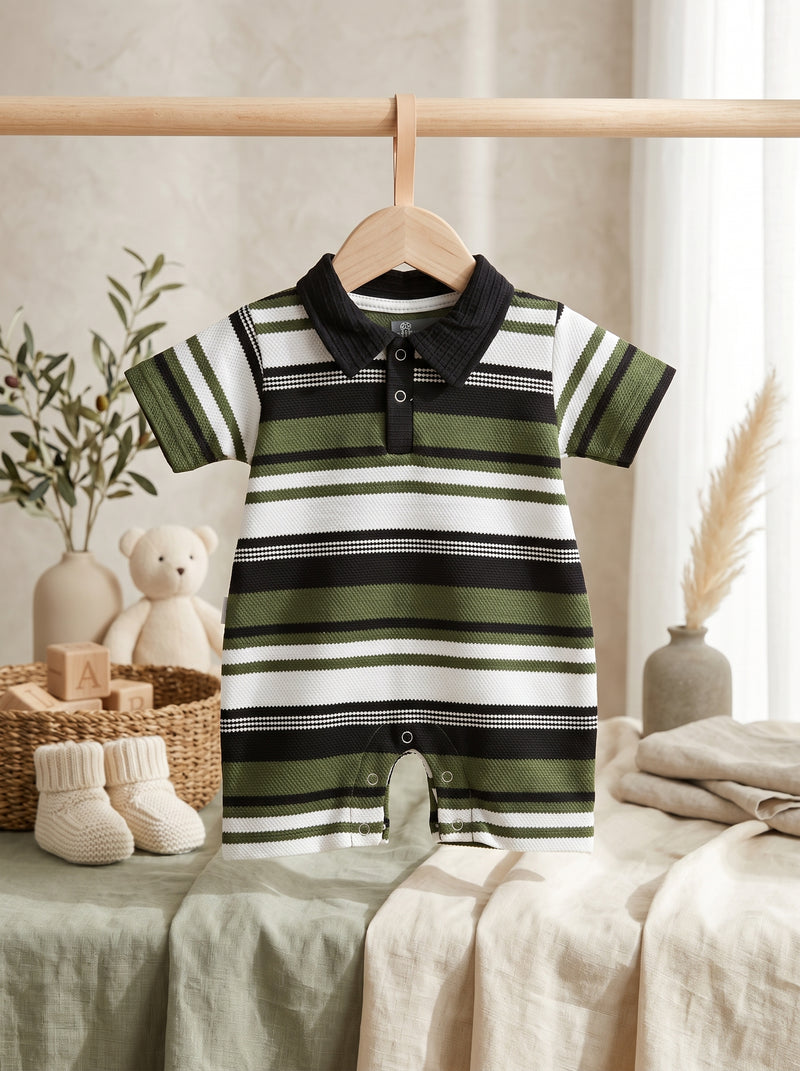 Olive Green Stripe Polo Romper