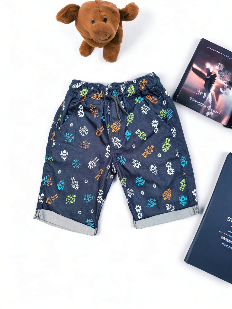 Robot Printed Cotton Jeans Shorts