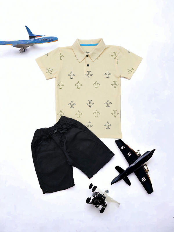 Aeroplane Polo & Black Cotton Jeans Short