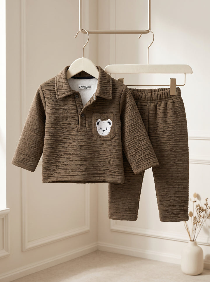 Bear Patch Textured Polo Fur Shirt & Trouser Infant
