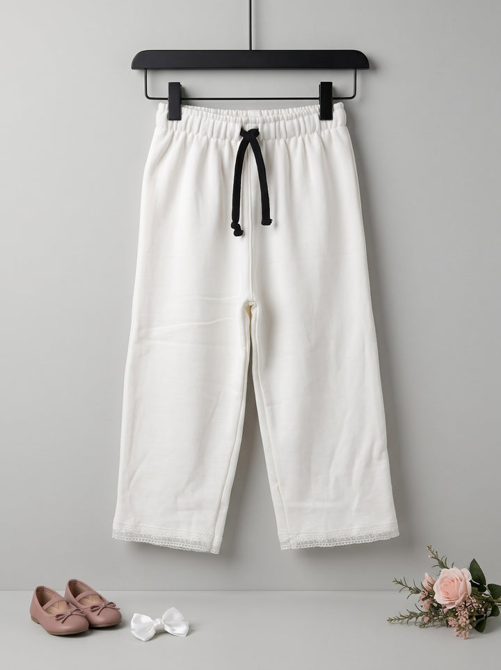 White Straight Fit Fleece Trouser with Lace Trim Hem
