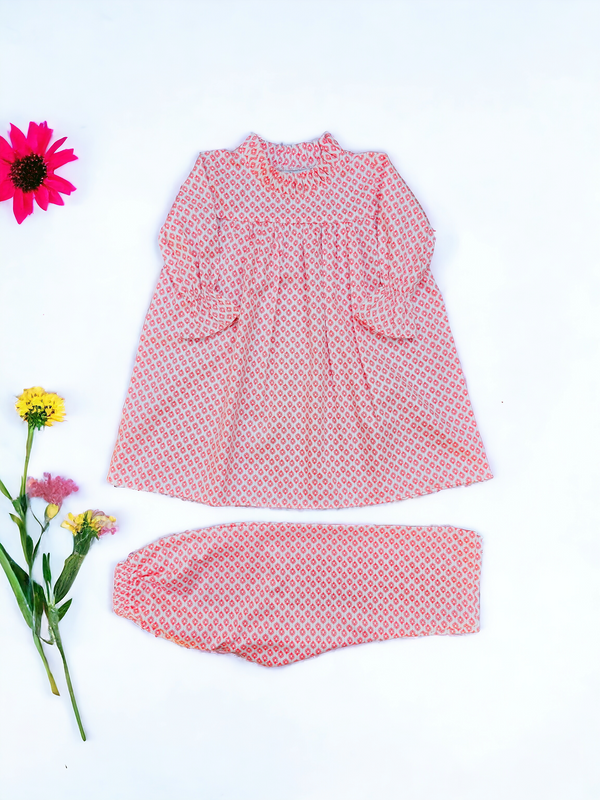 Mini Pink Leaf Frock Style Cotton Lawn Suit