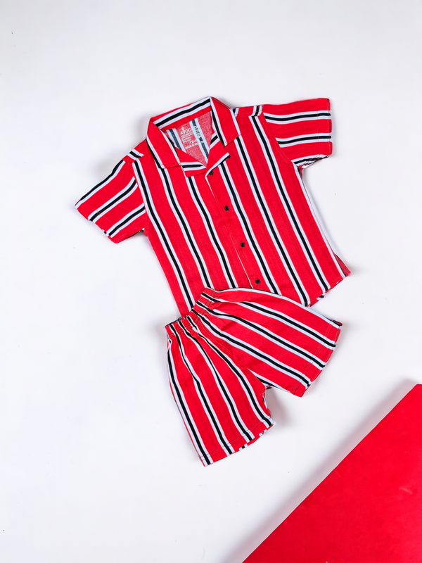 Red & White Black Lines Resort Collar Shirt & Short