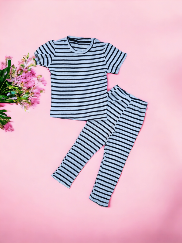 White & Navy Striped Stretchable Tee & Trouser