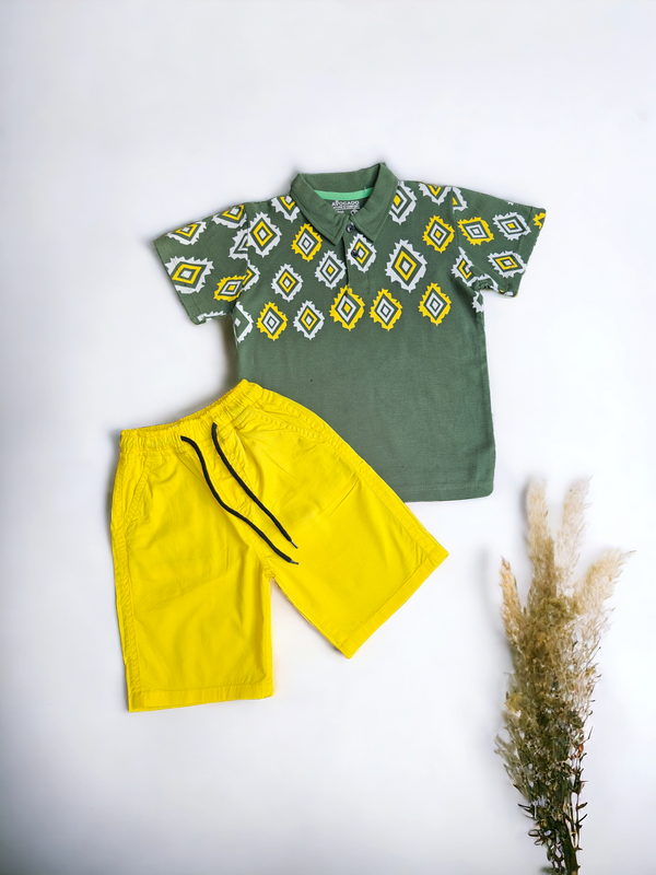 Green Rhombus Polo & Yellow Cotton Jeans