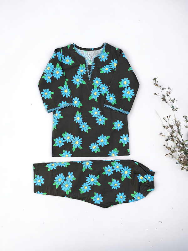 Black Royal Flowers Printed Cotton Cord Set