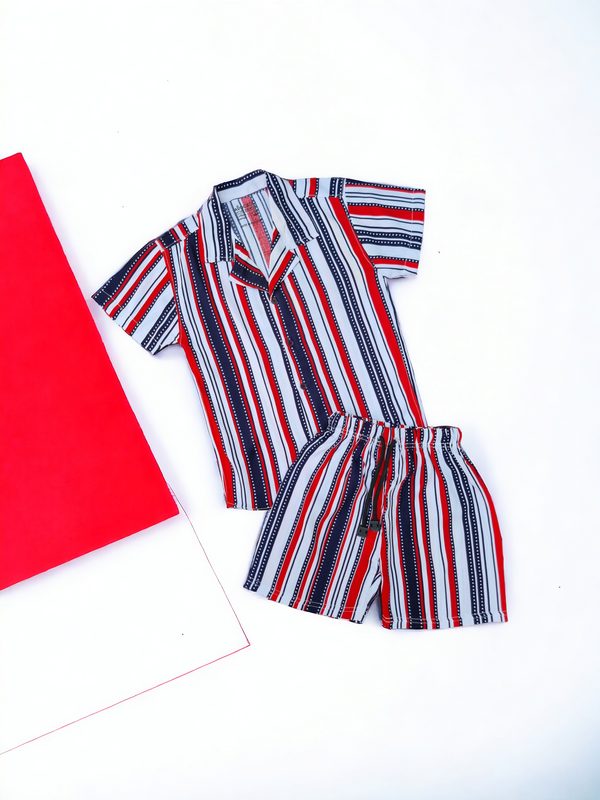 Resort Collar Red & Navy Blue Dotted Lining Shirt & Short