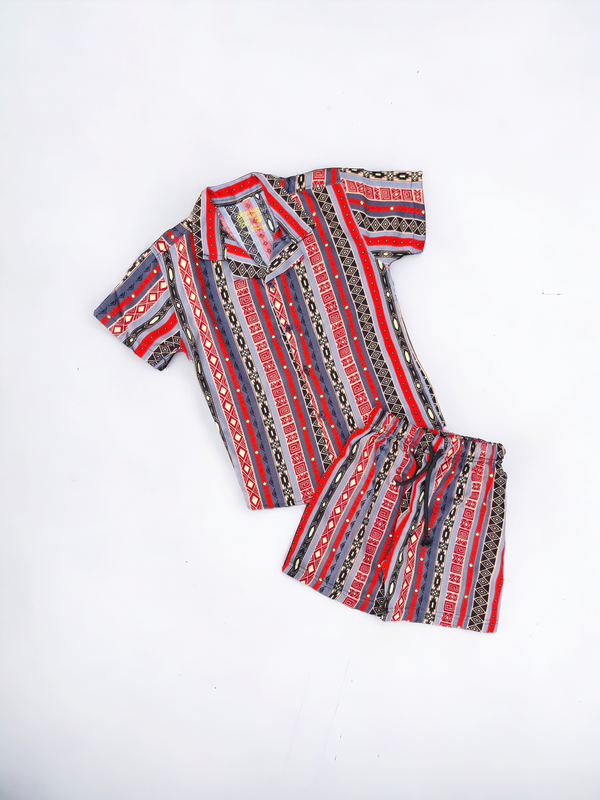 Geometric Stripe Pattern Printed Resort Collar Shirt & Short
