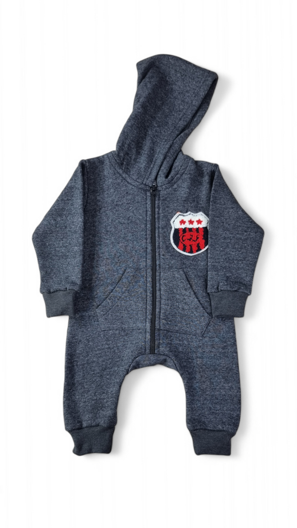 Black Fleece Romper With Crest Patch