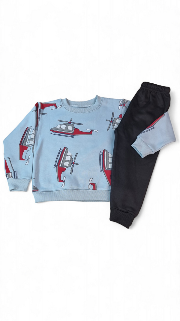 Helicopter Printed Fleece Sky Sweatshirt & Black Trouser