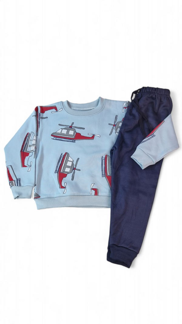 Helicopter Printed Fleece Sky Sweatshirt & Blue trouser