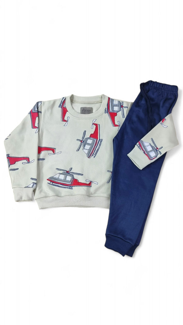 Helicopter Printed Fleece Sweatshirt & Navy Blue Trouser