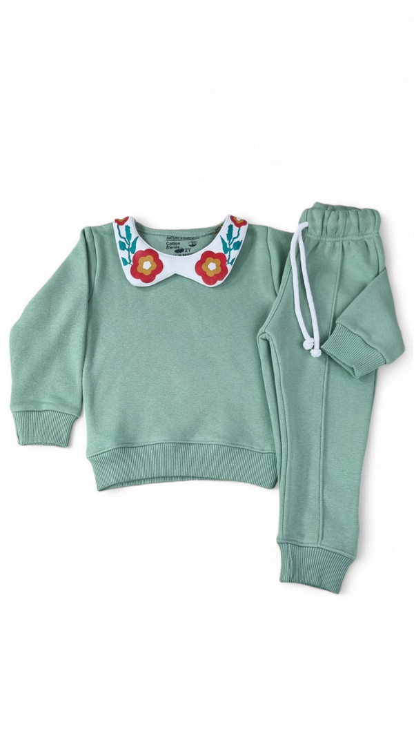 Floral Collar Mint Green Sweatshirt & Trouser