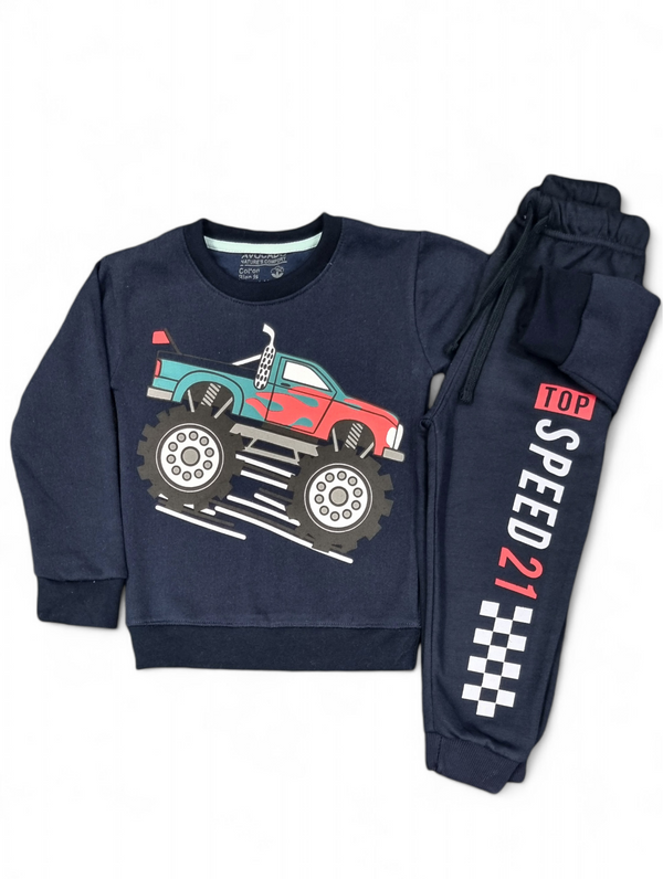 Off Road Monster Truck Fleece Sweatshirt & Speed 21 Navy Blue Trouser